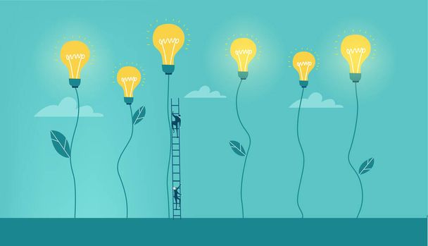 Business people work around light bulbs. Collection of illustration with little business people, working together, slowing the problems, helping and supporting each other. Success, progress, financial advising and investments growth. - 写真・画像