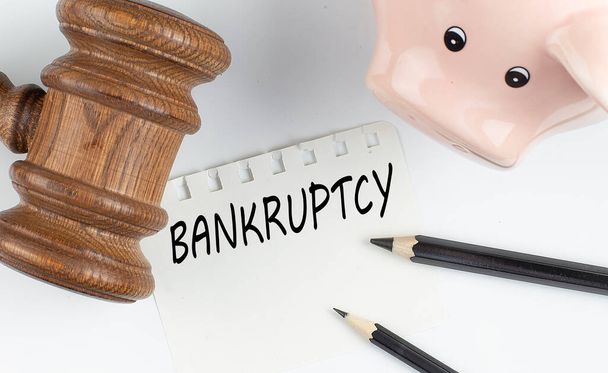 BANKRUPTCY text on paper with gavel ,piggi bank - 写真・画像