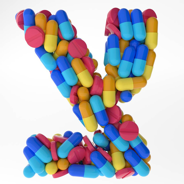 Hebreeuwse Brief Tsadik gemaakt van verschillende kleurrijke pillen en tabletten. 3d illustratie medicals lettertype. geïsoleerd op witte achtergrond - Foto, afbeelding
