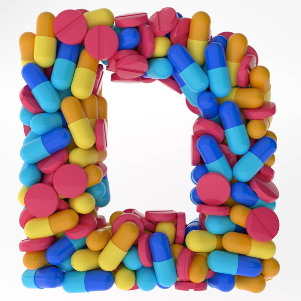 Carta Mem soffit hecho de varias píldoras y tabletas de colores. 3d illustration medicals fuente. aislado sobre fondo blanco - Foto, imagen