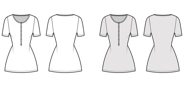 Dress henley collar technical fashion illustration with short sleeves, fitted body, mini length pencil skirt. Flat - Vector, Image
