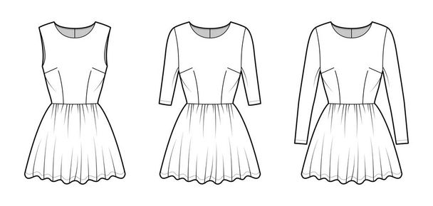 Set of dresses mini technical fashion illustration with long medium short sleeve, fitted body, floor length full skirt - Vector, Image
