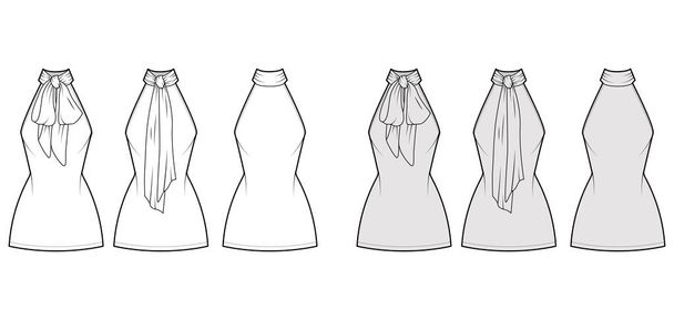 Sukienka szyi łuk moda techniczna Ilustracja z wysokim dekoltem halter, bez rękawów, dopasowany korpus, spódnica mini długość - Wektor, obraz