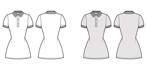 Dress polo fashion illustration with short sleeves, fitted body, mini length pencil skirt, henley neckline. Flat apparel - Vector, Image