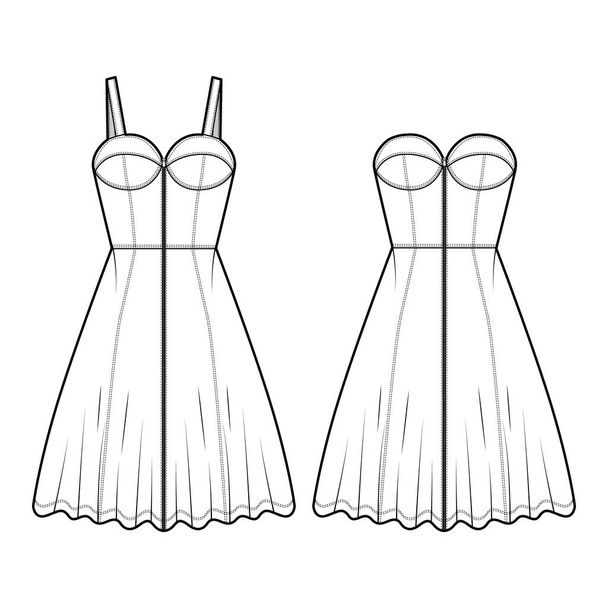 Sada šatů bustier denim Zip-up technické módní ilustrace s rukávem bez ramínek, po kolena plné sukně - Vektor, obrázek
