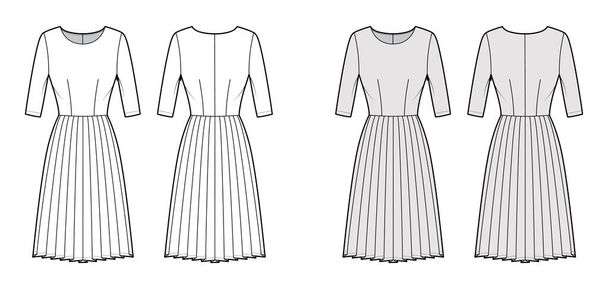 Šaty skládané technické módní ilustrace s lokty rukávy, montované tělo, po kolena sukně. Ploché oblečení vpředu - Vektor, obrázek