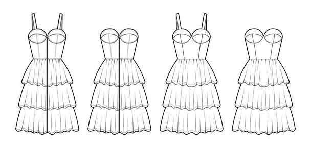 Conjunto de vestidos Zip-up bustier ilustração de moda técnica com mangas, strapless, corpo equipado, joelho comprimento ruffle - Vetor, Imagem