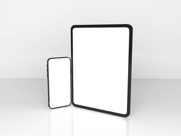 Escena de burla de ilustración 3D de dispositivos Smartphone y Tablet sobre fondo aislado - Foto, imagen