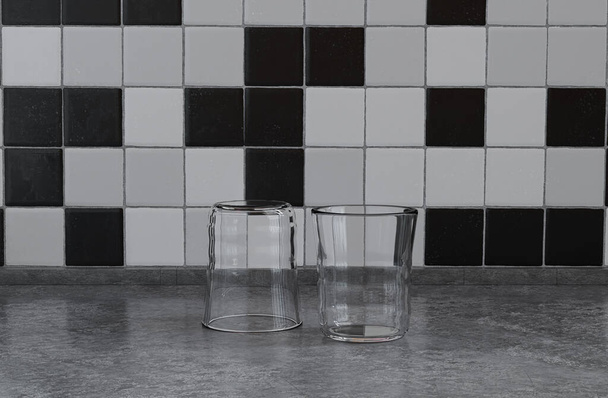 Two transparent water glasses side by side on black amd white color front view kitchen counter top with faience mosaic tessellated wall, close-up view, 3d Rendering - Photo, Image