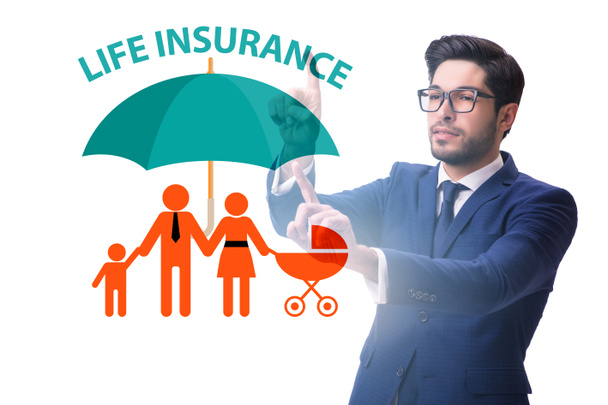 Life insurance concept with businessman pressing button - Photo, Image