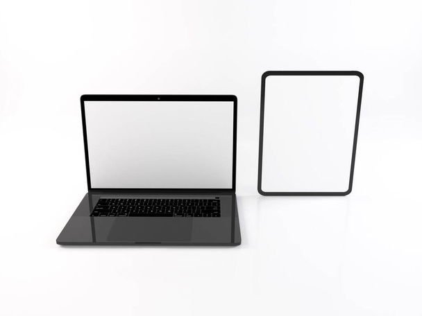 Laptop en tablet apparaat 3D Illustratie Mockup Scene op geïsoleerde achtergrond - Foto, afbeelding