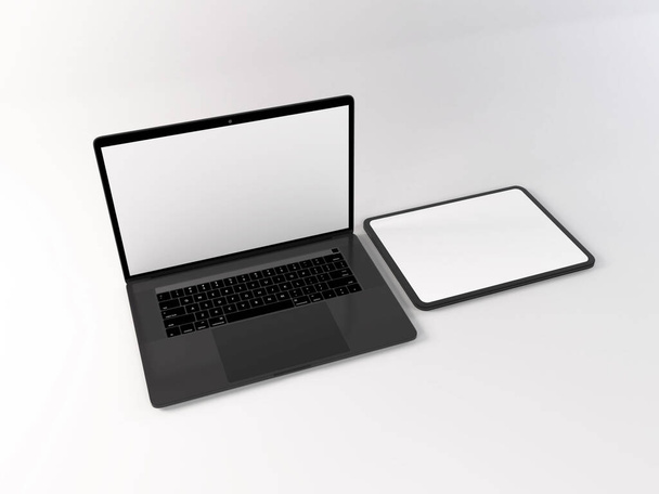 Laptop ja Tablet Device 3D Illustration Mockup kohtaus eristetty tausta - Valokuva, kuva