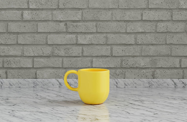 Egyszínű, sárga kávésbögre elölnézeti konyhapult tetején szürke csempézett téglafallal, közelkép, 3D-s renderelés - Fotó, kép