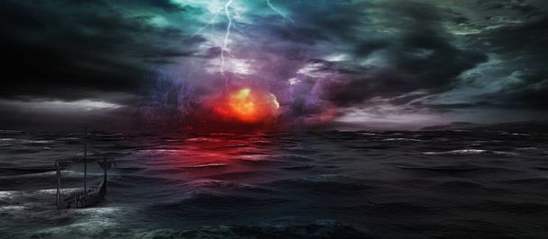 Landscape with storm,fire and viking ship - Photo, Image