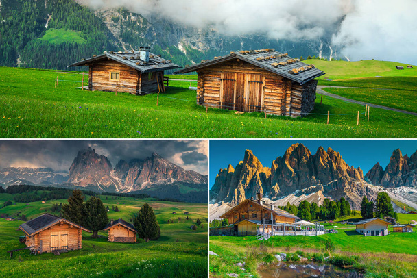 Fantástico collage de chalets de madera en la naturaleza con hermosas vistas y paisajes increíbles, Dolomitas, Italia, Europa - Foto, imagen