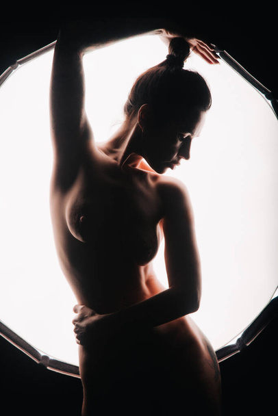 The silhouette of a young, slender, in the light of softbox. - 写真・画像