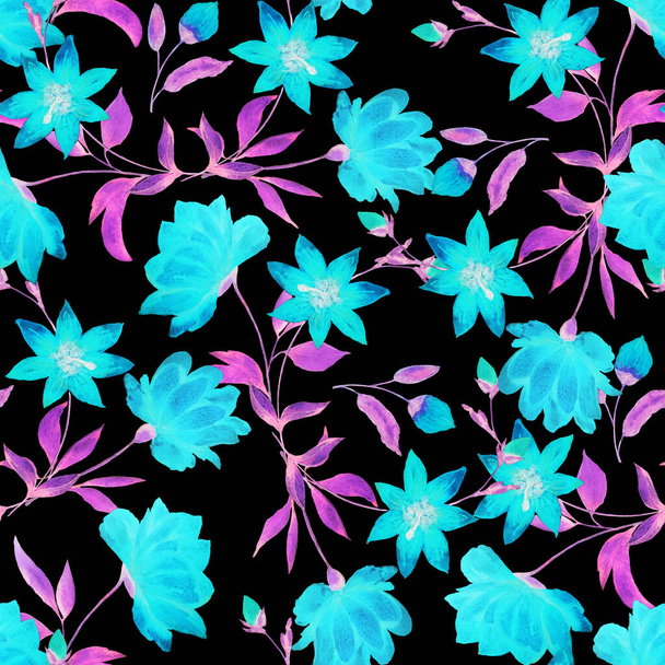 Watercolor seamless pattern with beautiful blooming peonies on black. Decorative botanic Peony flower print. Hand drawn floral illustration. - Foto, Bild