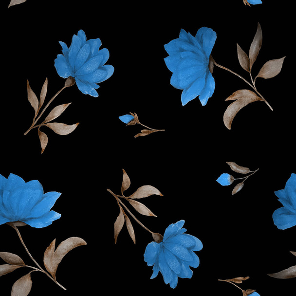 Watercolor seamless pattern with beautiful blooming peonies on black. Decorative botanic Peony flower print. Hand drawn floral illustration. - Zdjęcie, obraz