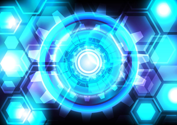ブルーライトネオン。アブストラクトギアと六角形のデジタルハイテク背景。未来的なインターフェイス。仮想現実技術画面 - ベクター画像