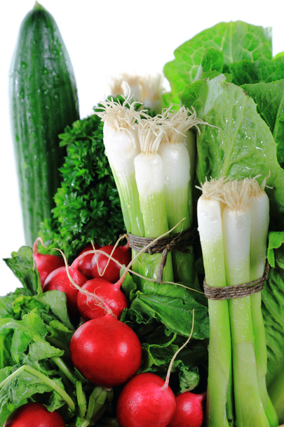 grünes Gemüse, frische Zwiebeln und Radieschen hautnah-abstrakt. - Foto, Bild