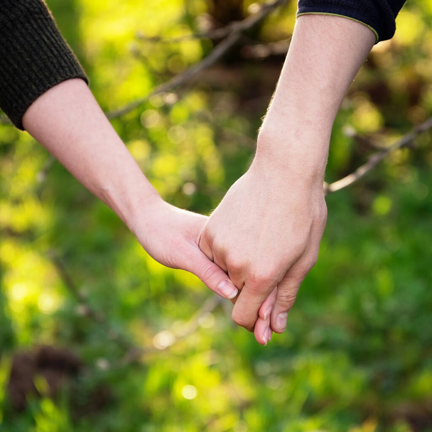 Hands tenderly holding each other of a young couple close up outdoors at a summer sunset - Foto, Imagem