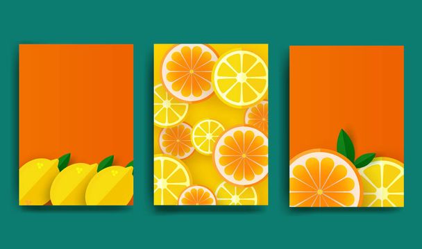 Апельсиновый плакат. Нарезанные ломтики апельсина и лимона с листьями. Фруктовый узор для брошюры, макета, баннера, обложки, флаера. Векторная иллюстрация. - Вектор,изображение