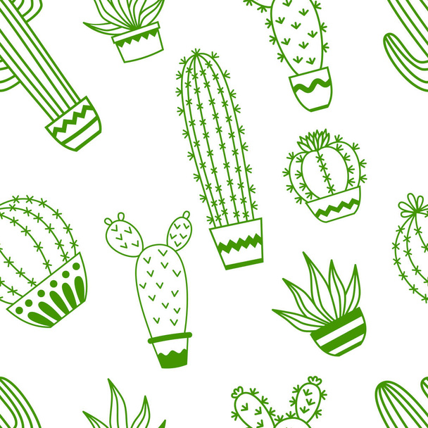 Patrón sin costura con cactus en maceta Dibujos de ilustración de contorno vectorial Para envases de diseño, textiles, fondo, postales de diseño y carteles - Vector, imagen