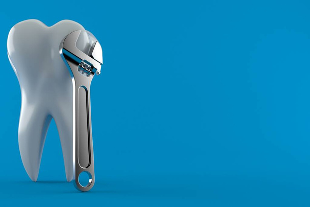 Zahn mit verstellbarem Schraubenschlüssel isoliert auf blauem Hintergrund. 3D-Illustration - Foto, Bild