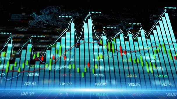 Inwestycje finansowe w dane cyfrowe i tendencje handlowe. Schemat finansowy z wykresów i numerów akcji pokazujących zyski i straty, Biznes i finanse tle. 3d renderowanie - Zdjęcie, obraz