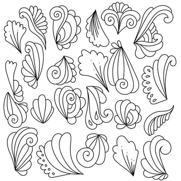 Набор абстрактных каракулей с листьями и кудрями, векторная иллюстрация элементов декоративной фантазии - Вектор,изображение