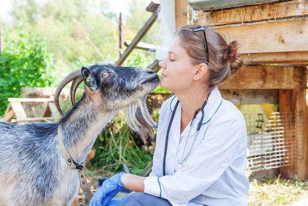 Młoda weterynarka ze stetoskopem trzymająca i badająca kozę na ranczu. Młody kozioł z rękami weterynarza do kontroli w naturalnym gospodarstwie ekologicznym. Koncepcja ekologicznego chowu zwierząt. - Zdjęcie, obraz