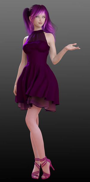 Winogrono Candy Kpop model z fioletowymi kucykami i fioletową sukienką, słodkie - Zdjęcie, obraz