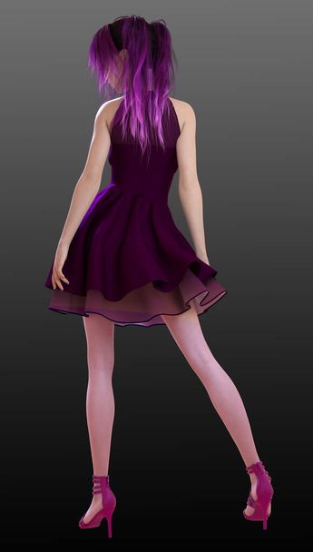 Druivensnoep Kpop model met paarse paardenstaarten en paarse jurk, schattig - Foto, afbeelding