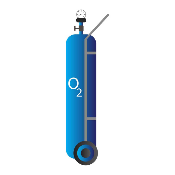 Cylindre d'oxygène bleu avec illustration vectorielle de civière sur fond blanc, réservoir d'oxygène de couleur bleue pour la pandémie de coronavirus, réservoir plein de gaz O2 naturel pour des raisons médicales. - Vecteur, image
