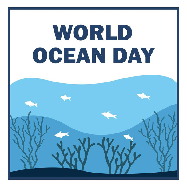 Παγκόσμια ημέρα ωκεανού διανυσματική απεικόνιση με μπλε αποτέλεσμα κειμένου μέσα σε σχήμα ορθογωνίου σε λευκό φόντο, στο εσωτερικό του ωκεανού, λευκά ψάρια και κοραλλιογενή σκιά. - Διάνυσμα, εικόνα