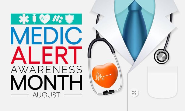 El mes de alerta médica se celebra cada año en agosto, dedicado a educar al público sobre las necesidades y usos de las identificaciones de alerta médica. Ilustración vectorial. - Vector, imagen