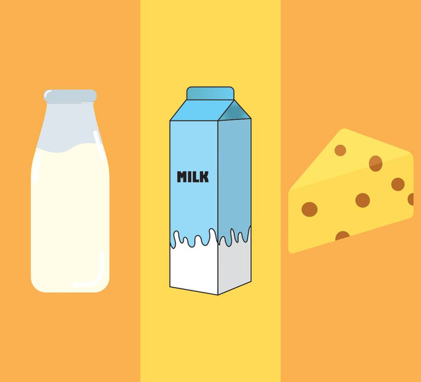 ボトルと牛乳の箱、チーズなどの乳製品のセット。カラフルなフラットデザイン.  - ベクター画像