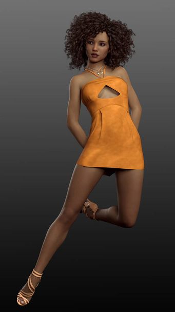 Modelo naranja caramelo PoC en vestido corto naranja con pelo rizado natural - Foto, imagen