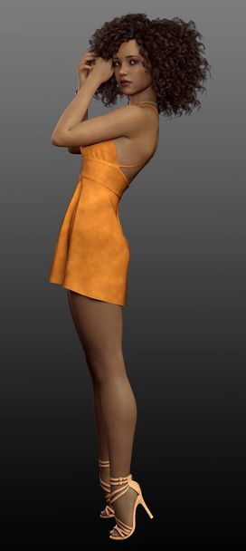 Orange Candy PoC modelo no vestido laranja curto com cabelo natural encaracolado - Foto, Imagem