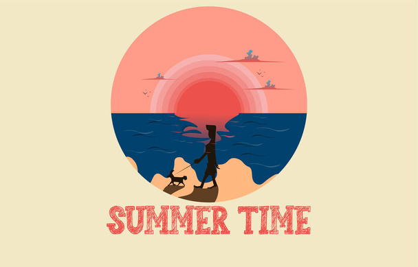 Fondo de estilo plano, silueta de hombre paseando con perro en la playa, con el sol poniente para poner, concepto de viaje de vacaciones de verano. - Vector, imagen