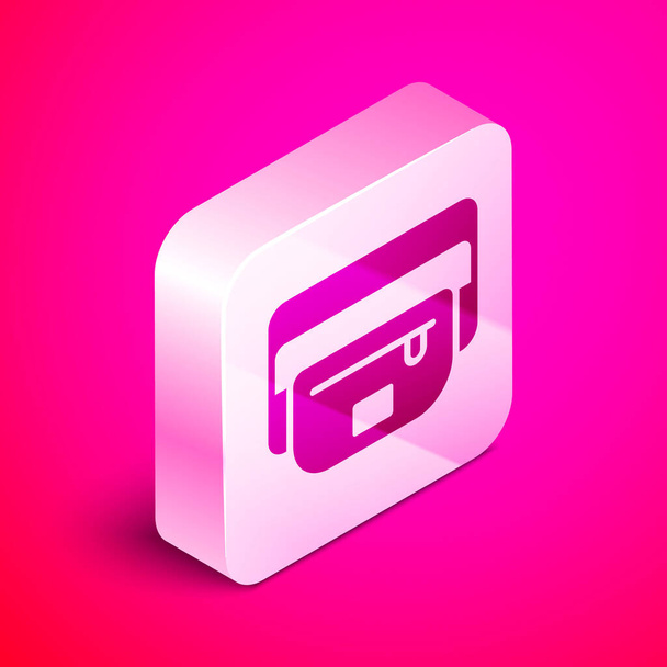 Isometric Waist bag of banana icon isolated on pink background. Silver square button. Vector. - Vector, Image