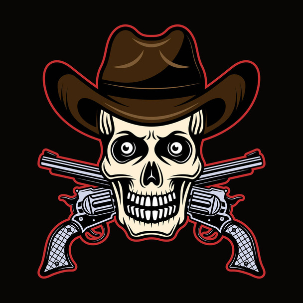 Skull in cowboy hat and two crossed pistols vector illustration in colorful cartoon style isolated on dark background - Вектор,изображение