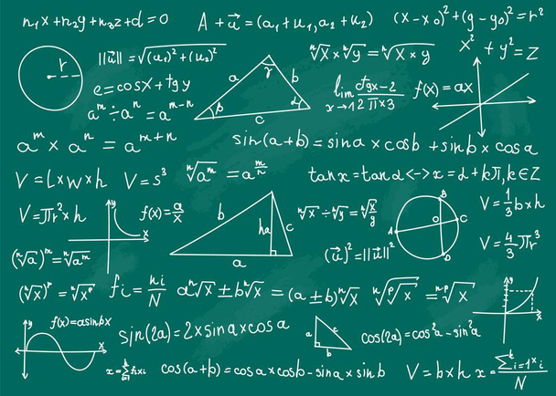 Fórmulas matemáticas. Fórmulas matemáticas en pizarra de la escuela verde. Ecuaciones matemáticas científicas manuscritas, teorías o cálculos vector de fondo - Vector, imagen