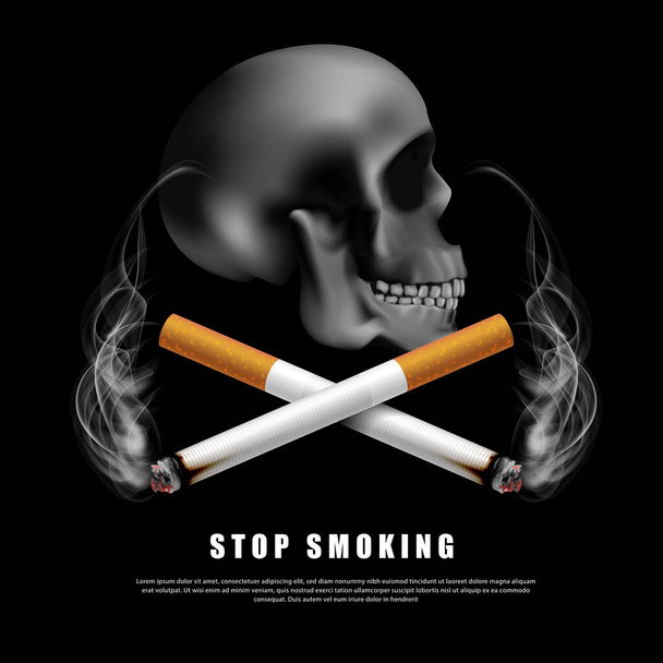 Přestaňte kouřit kampaň ilustrace žádná cigareta pro zdraví dvě cigarety a děsivé lidské lebky v černém pozadí - Vektor, obrázek