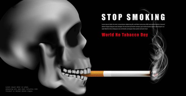 World no tabacco day campaign illustration no cigarette for health scary skull smoking in black dark background - Vector, Image