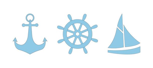 Σύνολο μπλε ναυτικές εικόνες με μαύρο περίγραμμα - άγκυρα, τιμόνι και βάρκα. Απλές διανυσματικές εικόνες που απομονώνονται σε λευκό φόντο. Ιστιοφόρο, πηδάλιο και άγκυρα - τρία στοιχεία, αυτοκόλλητα, πινακίδες, σύμβολα. - Διάνυσμα, εικόνα