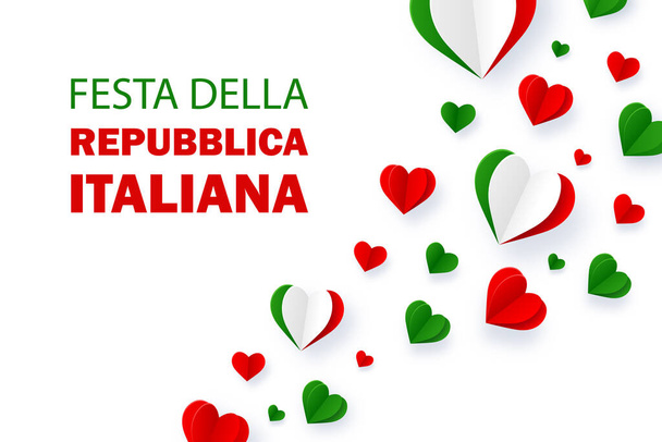 Festa della Repubblica Italiana tausta. Teksti italiaksi: Italian tasavallan päivä, 2. kesäkuuta. Hyvää kansallispäivää. Italian lippu sydämen muotoinen. Isänmaallinen muotoilu. Vektoriesimerkki - Vektori, kuva