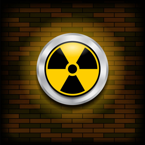 Sinal de radiação ionizante. Símbolo de Contaminação Radioactiva. Risco de perigo de aviso na parede de tijolo laranja - Foto, Imagem
