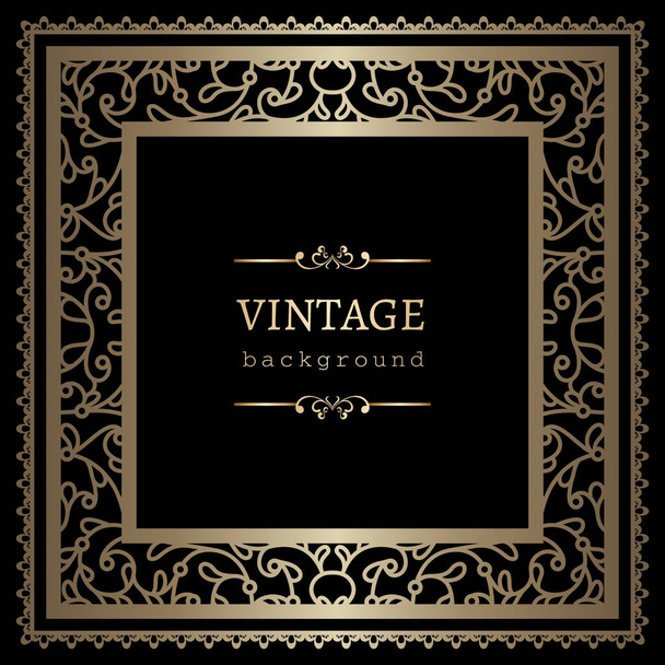 Vintage gold square frame with lace border pattern on black background. Golden floral ornament. Ornate trim decoration for book cover or picture frame design.  - Vector, Image