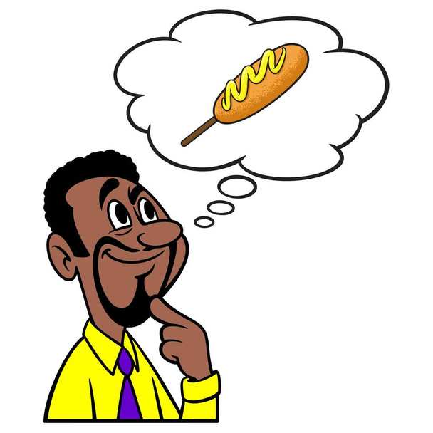 Man thinking about a Corn Dog - A cartoon illustration of a man thinking about a Corn Dog for lunch. - Vector, Image